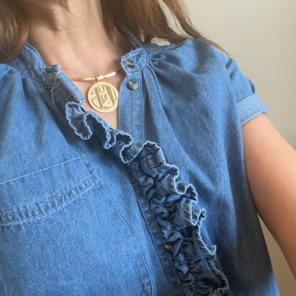 KMJ "CORI" Denim vertical Ruffle Button-Down Shirt - Light Blue - Picture 4 of 15